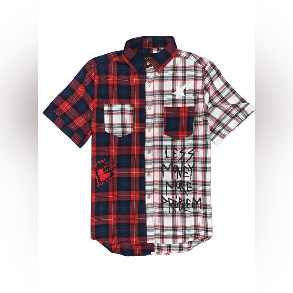 KLEEP Men’s Flannel/Twill Split Graphic Button Down Shirt Size M